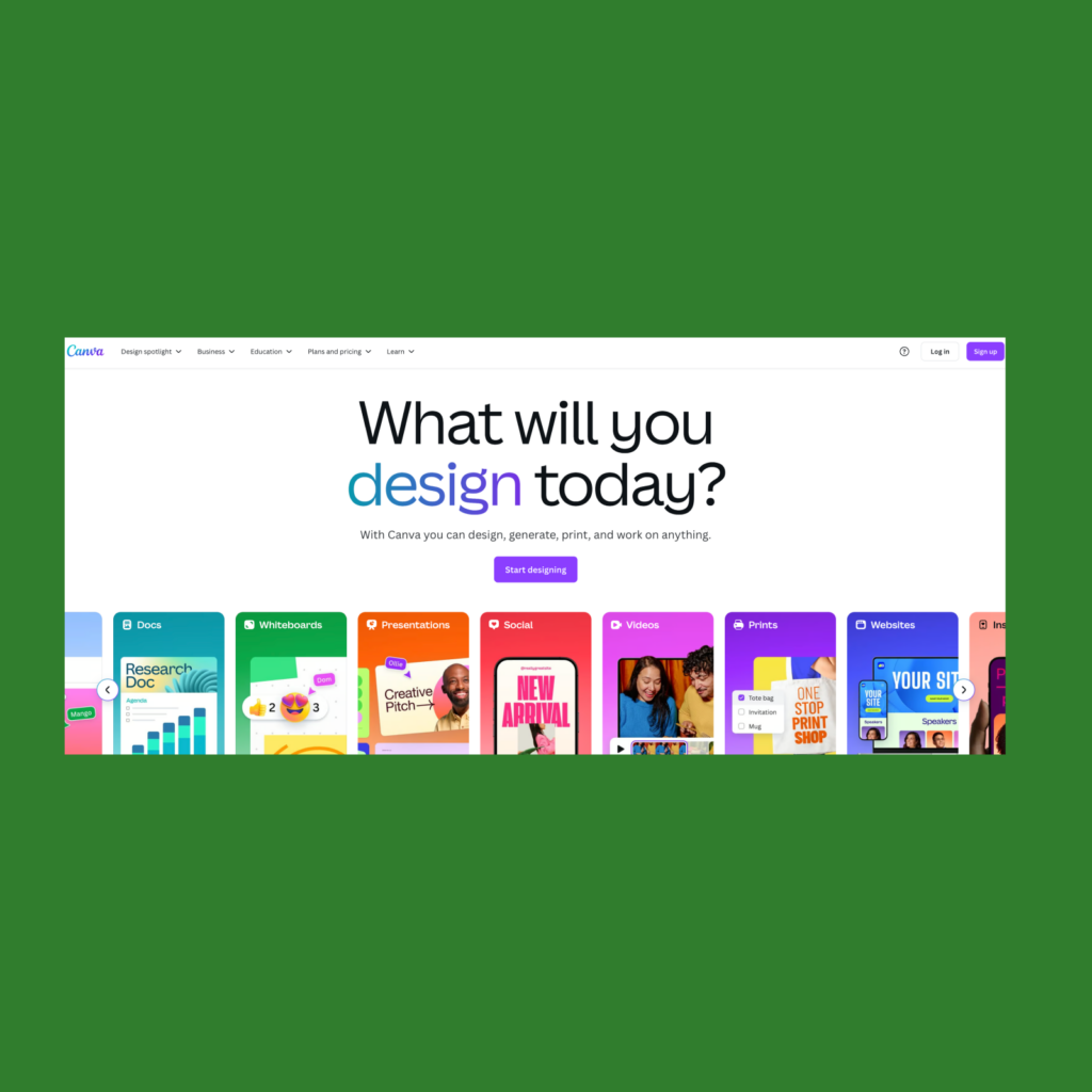 Canva Shutterfly alternatives The screenshot of the Canva landing page.