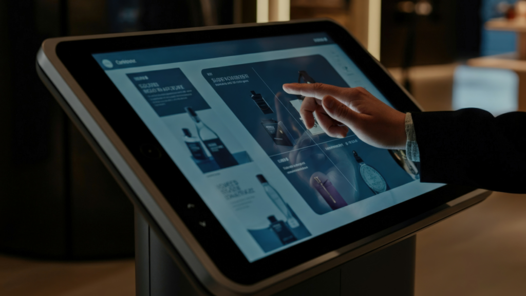 How to create digital products for your Amazon business A person interacting with a tablet, examining a product displayed on the screen in a bright, modern environment.